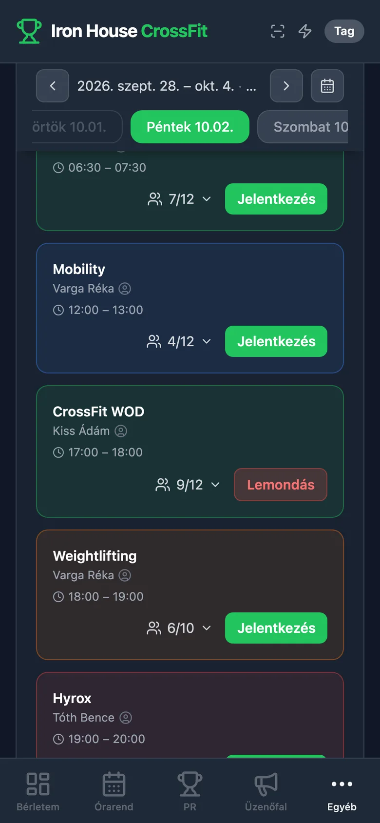 Fitlog app: lefoglalt óra, 9/12 hely