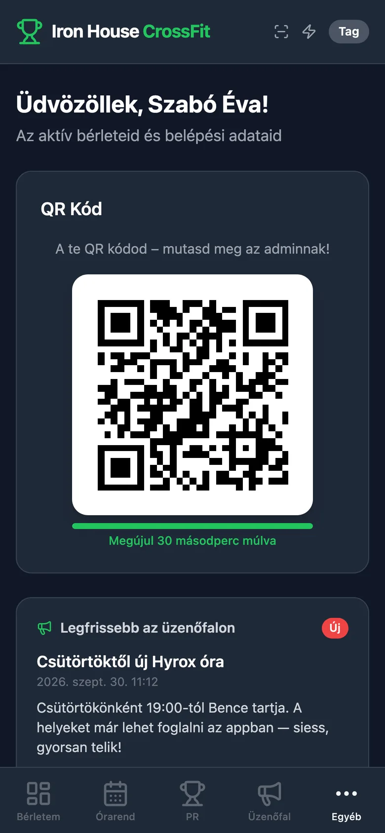 Fitlog app: a vendég kezdőlapja belépési QR-kóddal