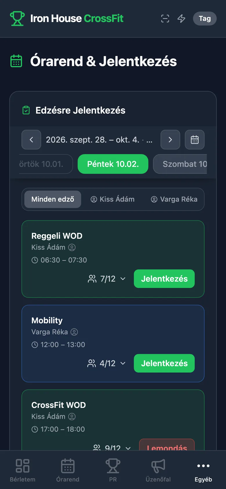 Fitlog app: órarend